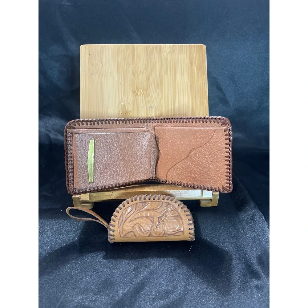 Vintage Hand Tooled Leather Western Wallet and Coin Purse Set Horse Cowboy Tan
